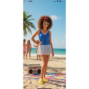 Robby Len Vtg Blue White Stripe One Piece Swimsuit Ruched Side V Neck 1980s 80s